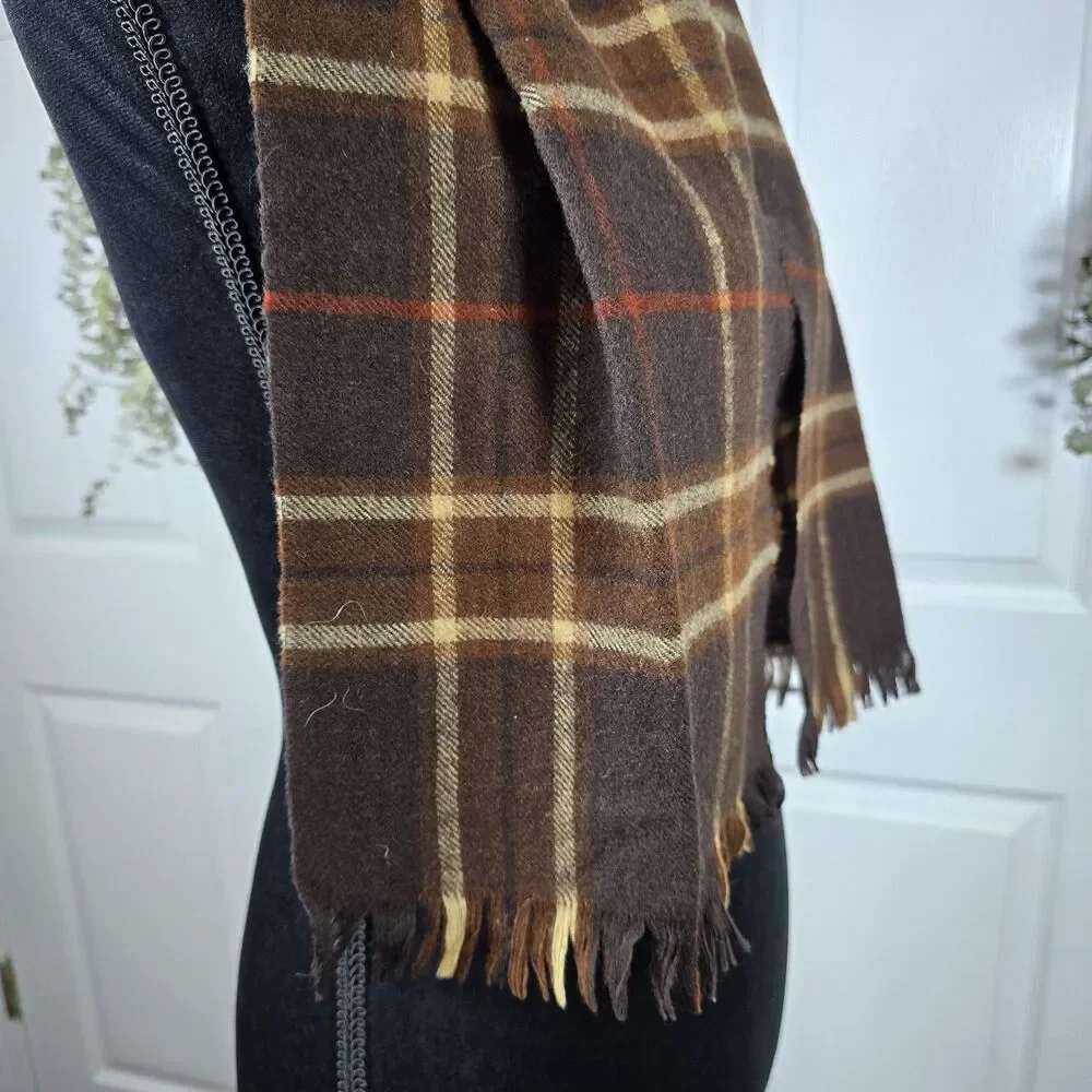 100% Wool Brown Plaid Scarf West Germany 46 Inch Classic